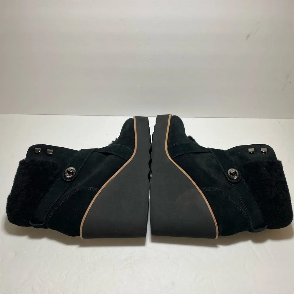 Coach Kenna Shearling Suede Black Leather  Wedge Booties Ankle Boots Size 7.5